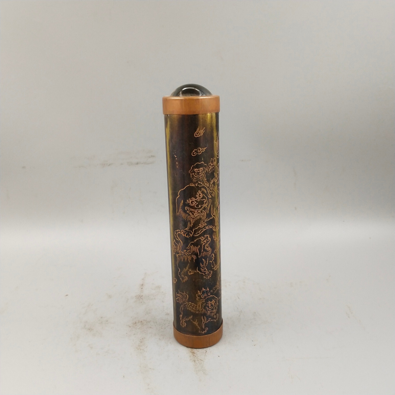 7.5″ old copper carved lion foo fu dog See Wonderful Scene optical kaleidoscope