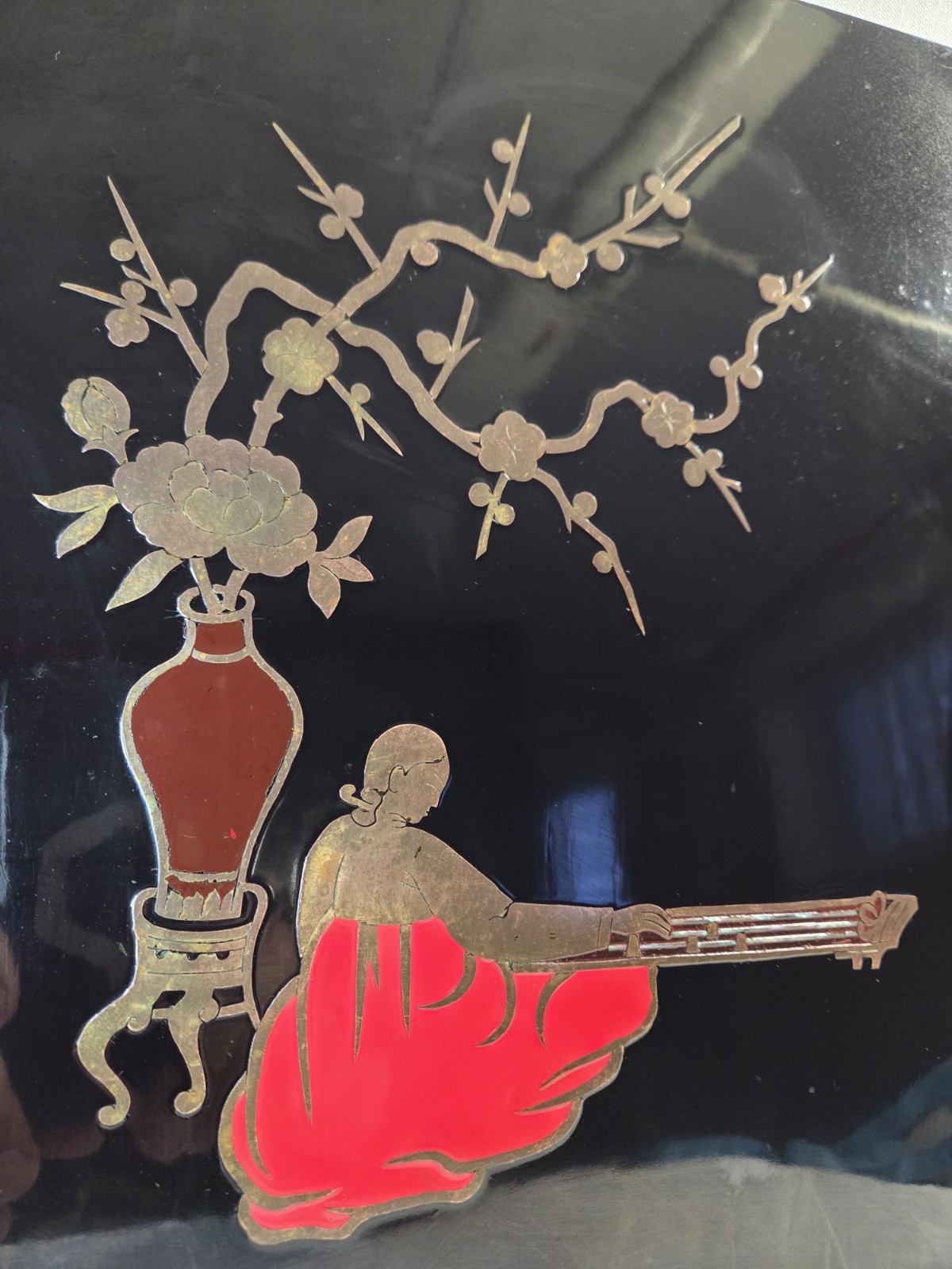 Vtg Asian Black Lacquer Mother of Pearl &Copper Wall Art Chinese 11×14 see pics