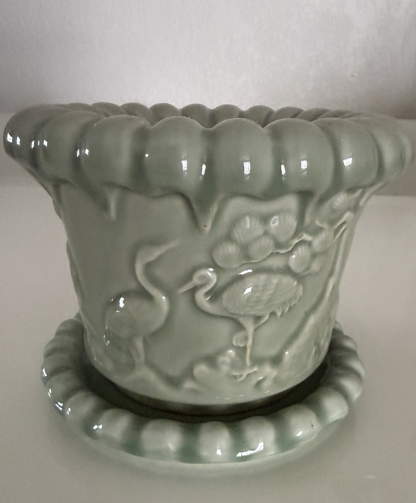 VTG Chinese Celadon Planter Pot With Scalloped Top And Tray Bonsai With Crane