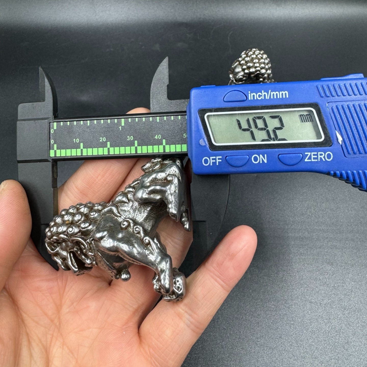 Pair Silver Tone Metal Chinese Foo Dog Lion Mini Statues Feng Shui Protection