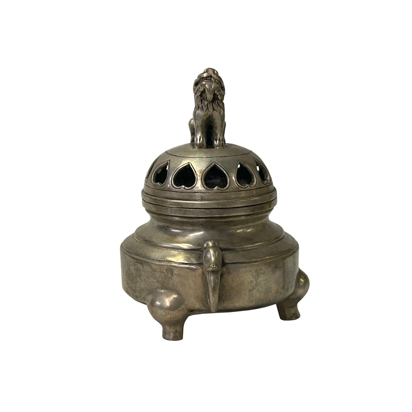Vintage Silver Pewter Color Metal Foo Dog Ding Shape Incense Holder ws4897