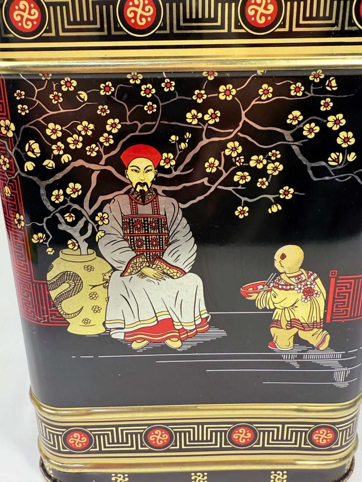 English Tea Tin Caddy Vintage 1970s Chinese Hinged Lid Black Red Gold Cranes Asi