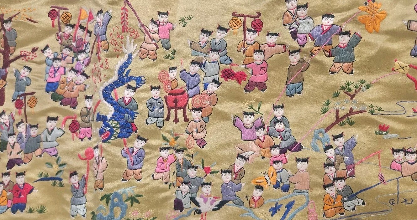 Chinese Silk Embroidered Tapestry Wall Hanging Art Panel Dragons Legend Children