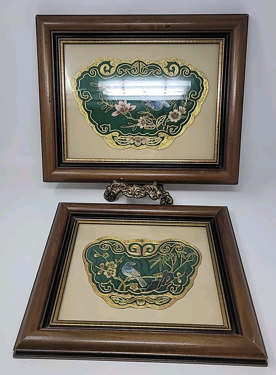 Two Framed Vintage Golden Cloud Green Chinese Hand Embroidered Panel