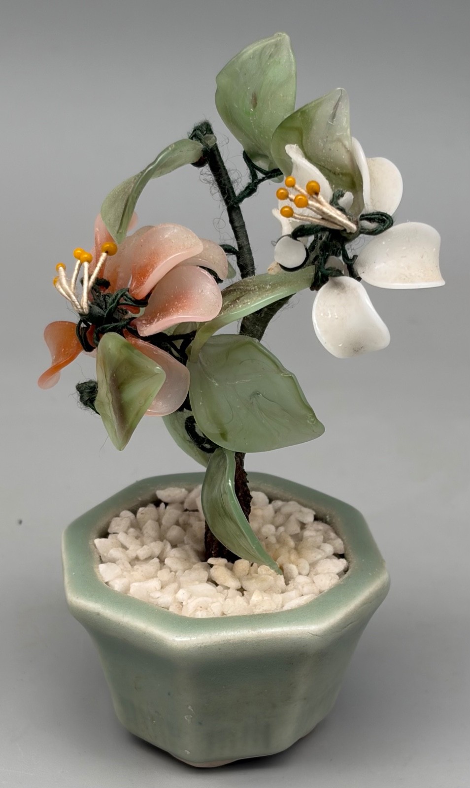 Vintage Miniature Chinese Bonsai Tree Carved Flowers & Leaves Jade 5 1/4″