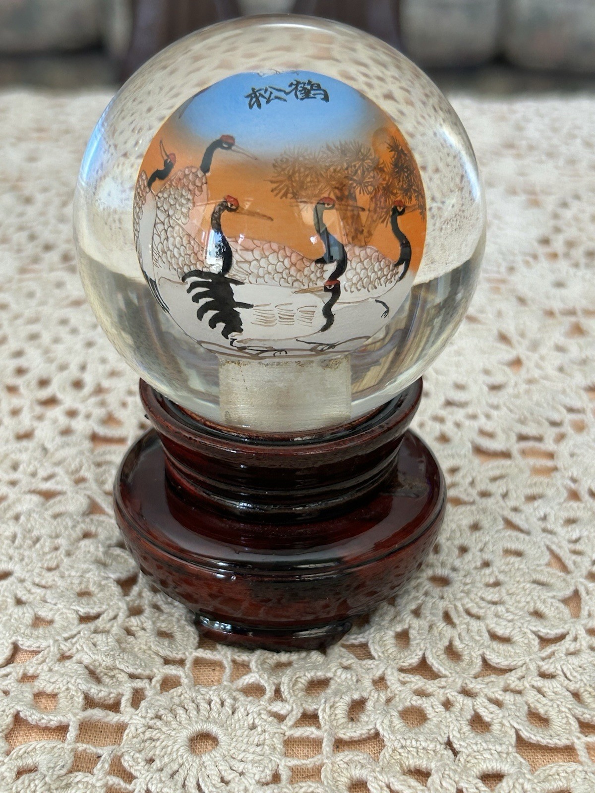 GLOWS-Vtg Chinese Hand Painted Storks Inside Reverse Art Glass Globe Spins EUC!