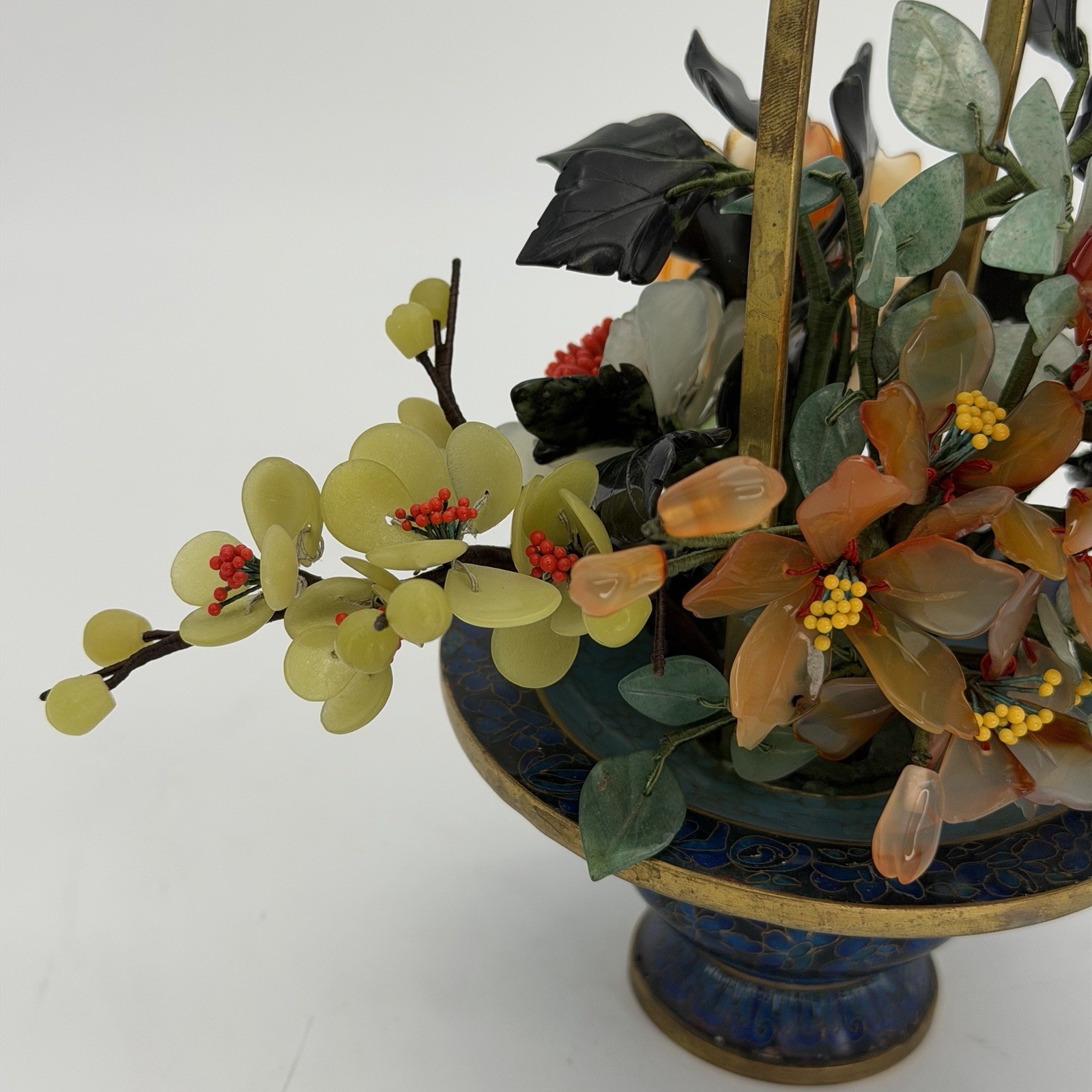 Vintage Jade Bonsai Tree Flowers Basket Cloisonné Pot 7.5” Brass Handle