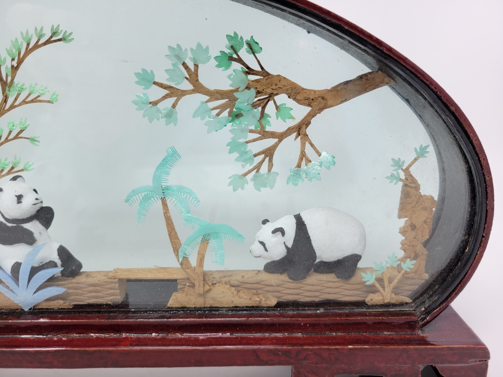 Vintage Chinese SAN YOU Diorama Art Pagoda With Trees & Pandas 1980s 14″ By 7″