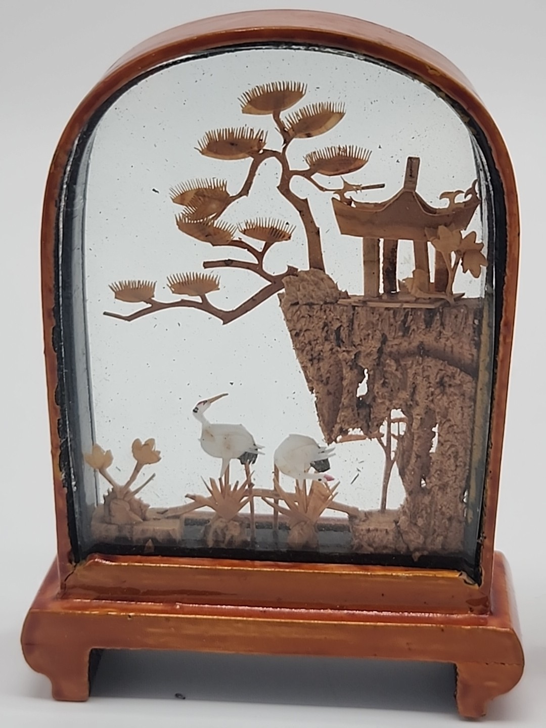 3 VTG Chinese Oriental Asian CORK Carving DIORAMA Art 3D Cranes Shadow Box Panda