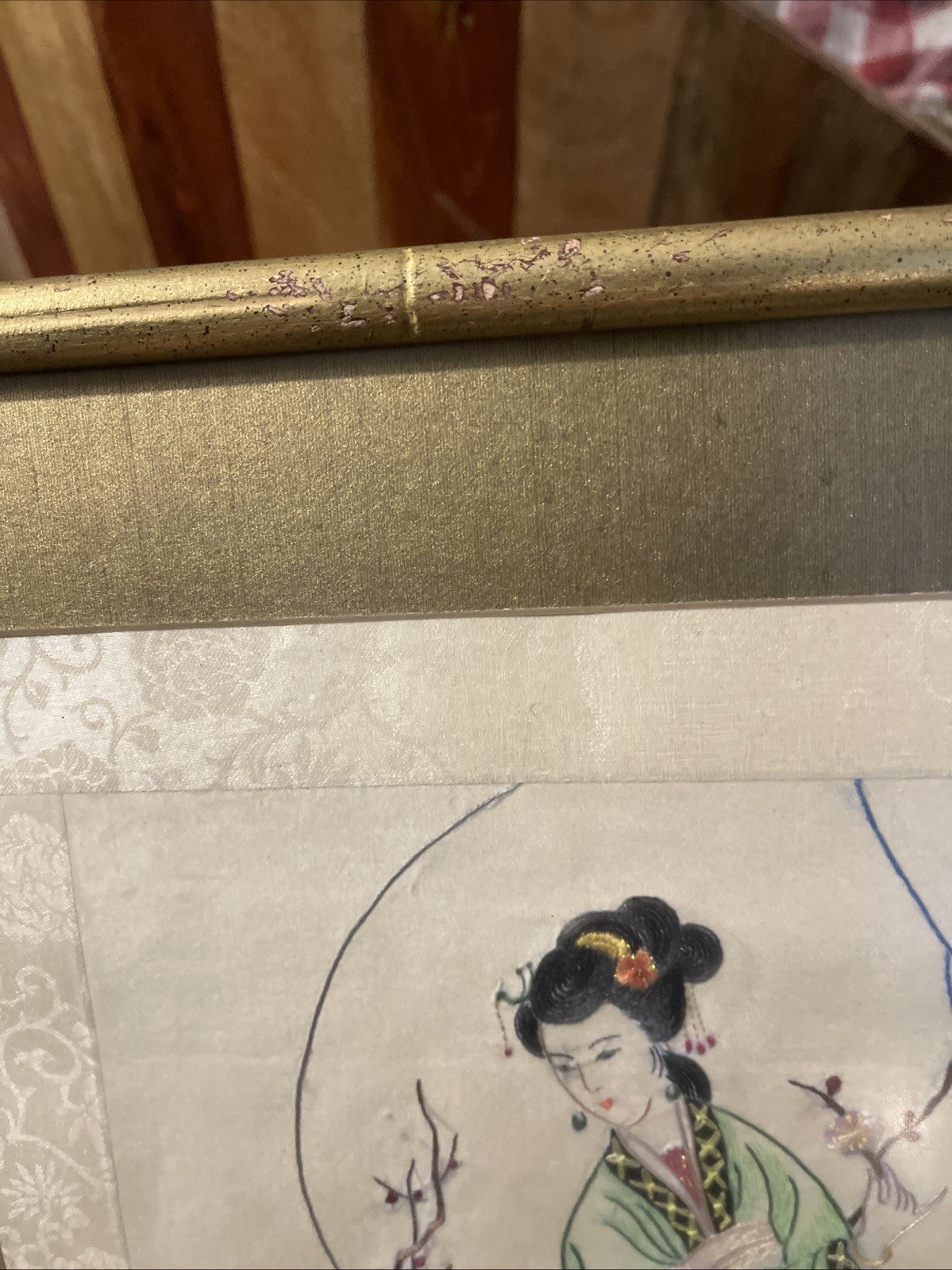 Vintage Framed Asian Figural Art Woman on Swing Blossoms Signed 12.5×14.5