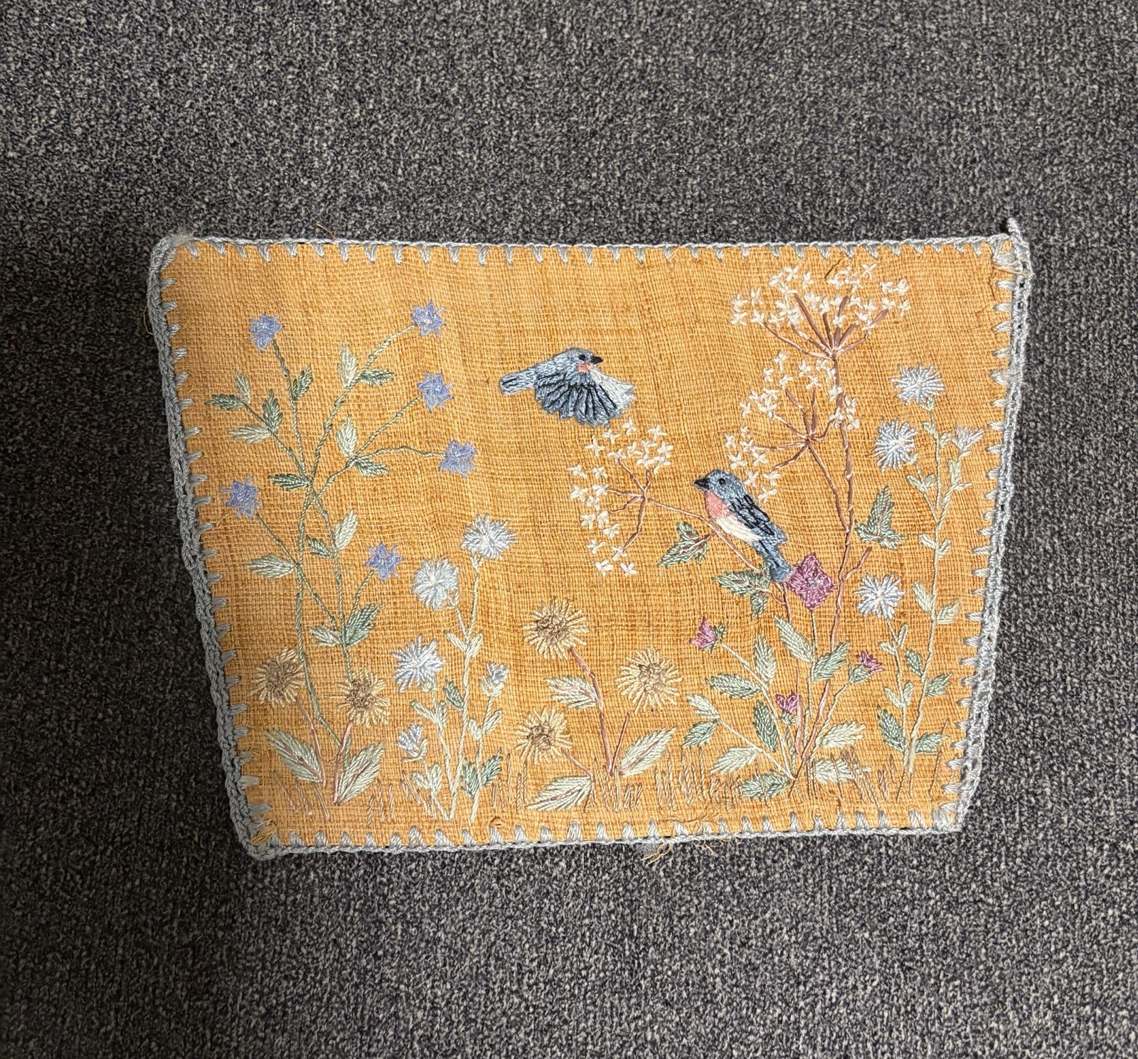Antique Asian Embroidered Burlap Blue Bird Floral Panel 11″ Micro Bead Hemstitch