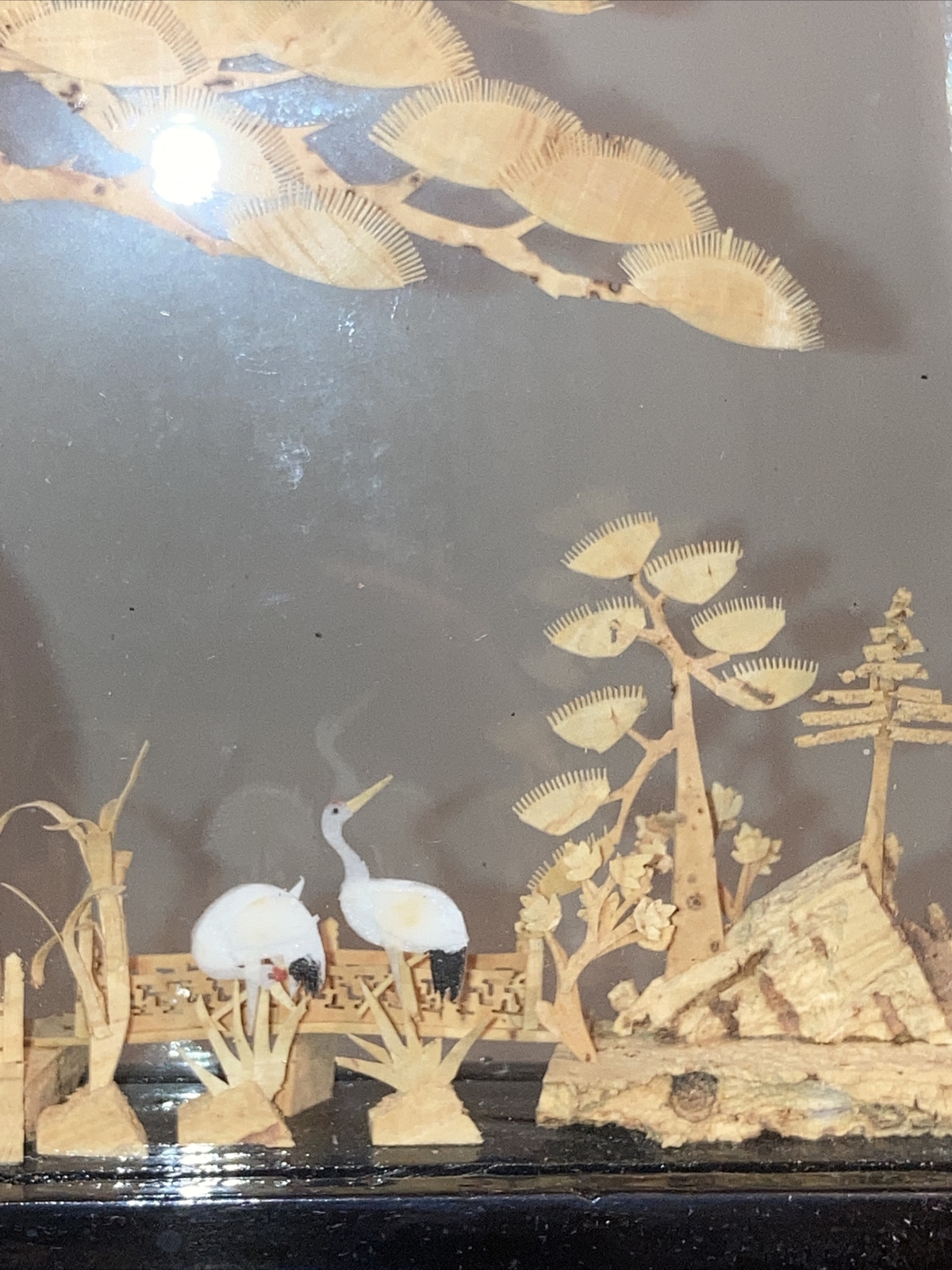 VINTAGE CHINESE SAN YOU DIORAMA CORK CARVING GLASS CASE PAGODA TREES & CRANES
