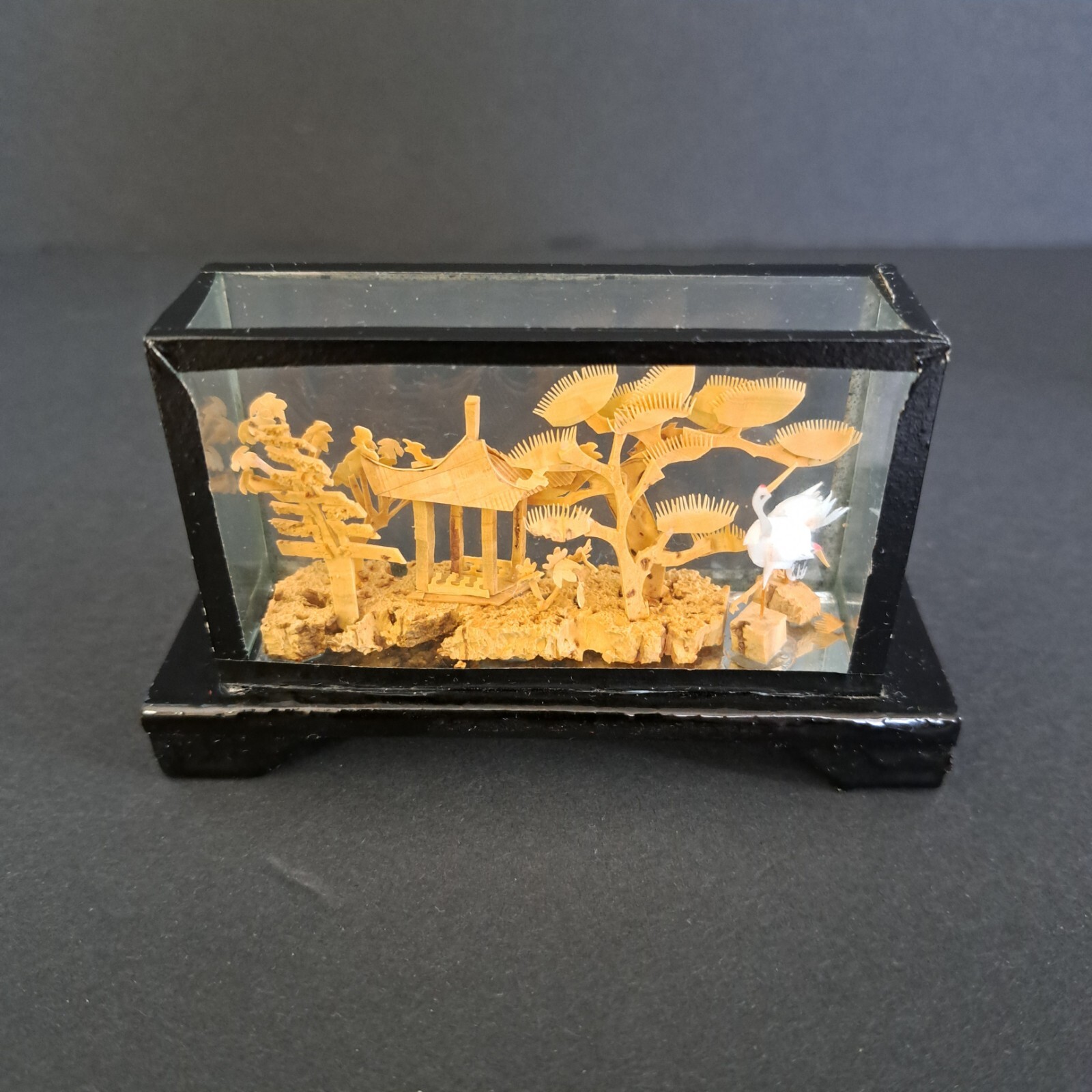 Carved Chinese Cork Diorama Shadow Box Sculpture In Glass Cranes Trees Pagoda