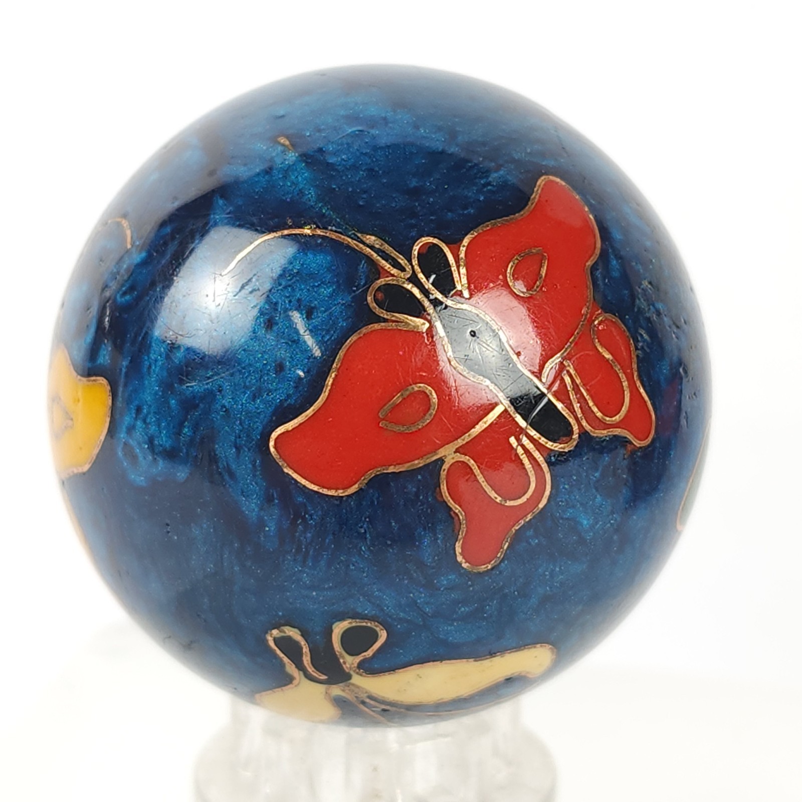 Vintage Chinese Cloisonné Baoding Health Balls w Box Blue Enamel w Butterflies