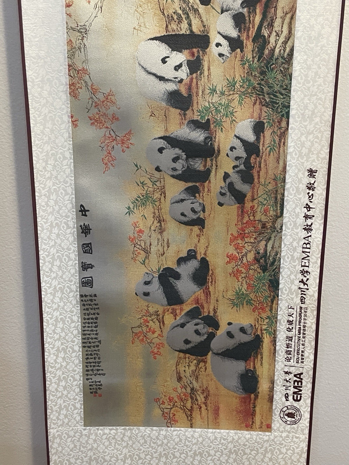 Chinese Shu Brocade Silk Scroll Pandas Wall Hanging Art Textile Presentation Box