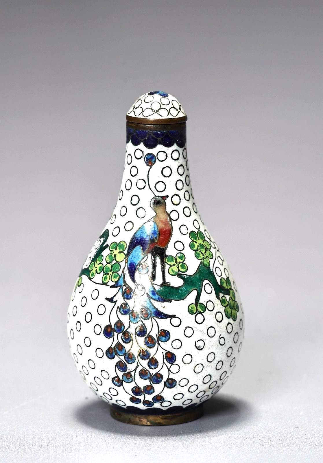 Chinese White Cloisonne Peacock Snuff Bottle