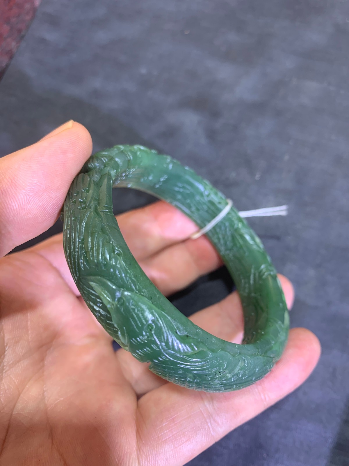 Rare Chinese HeTian Green Jade Hand Carved *Phoenix/Flower* Bangle Bracelet