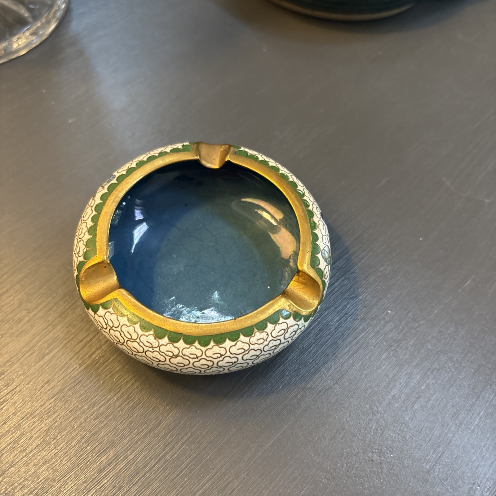 Chinese Asian Floral Cloisonné Enamel Brass Ashtray Blue Green Gold Vintage