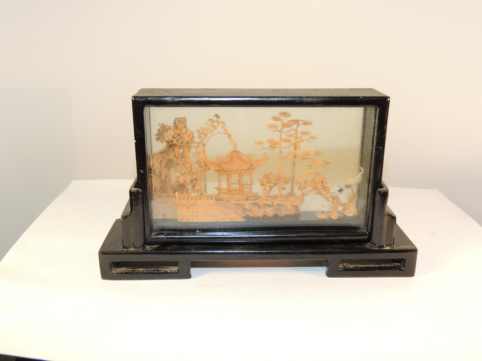 Hand Carved Oriental Scene in Wooden Holder (4542)