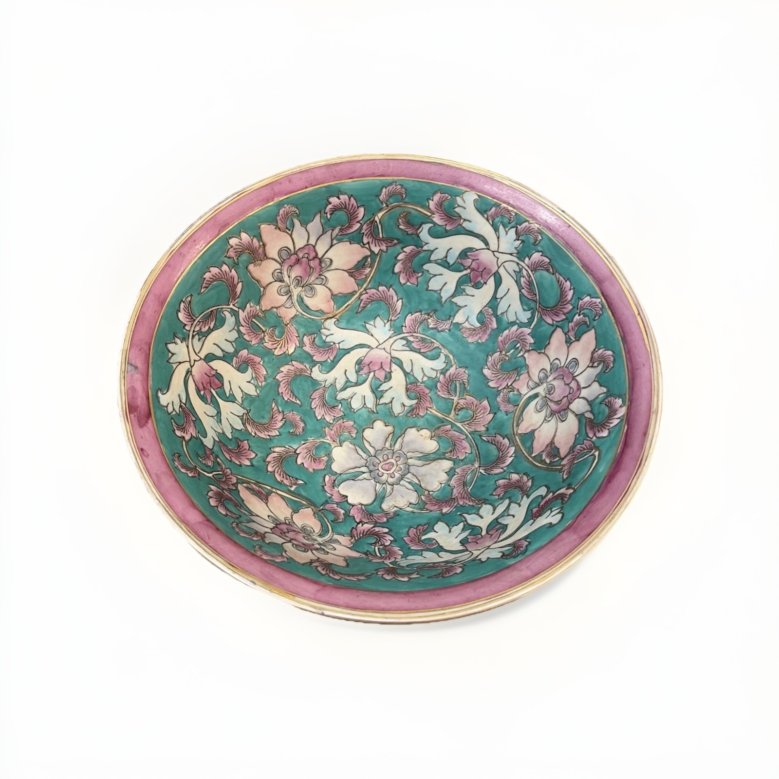 Vtg Chinese Enamel Cloisonné Bowl & Stand Made In Macau Green Mauve White Gold