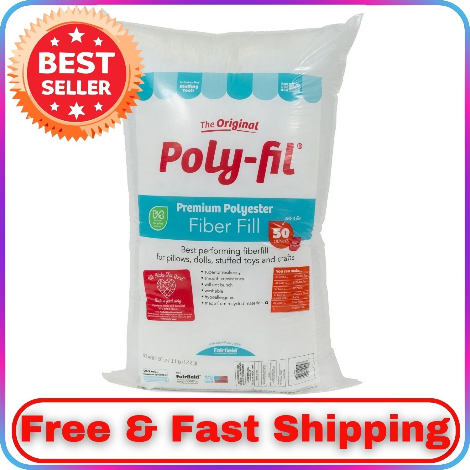 Fairfield Original Poly-Fil Premium Polyester Fiber Fill Machine Washable 50 oz