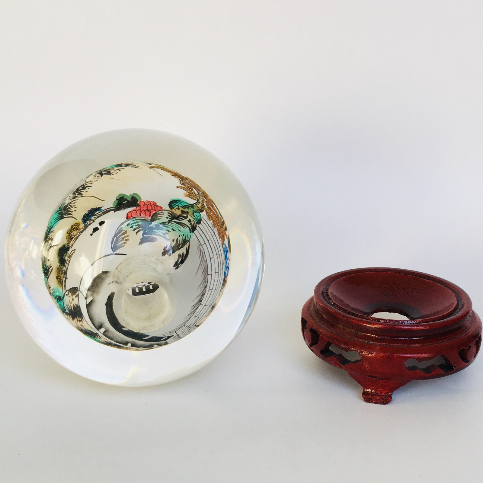Reverse Painted Great Wall Vintage Glass Crystal Ball Sphere Signed 4.5″