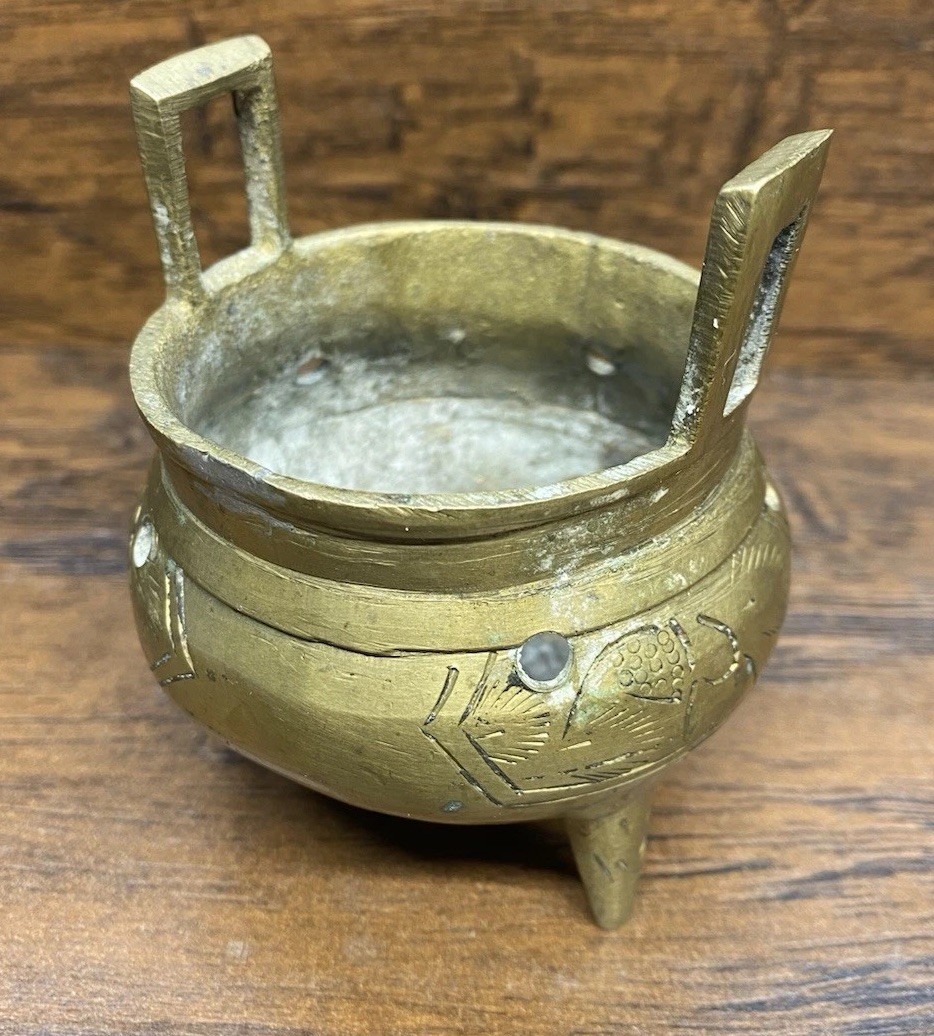 Chinese Brass Tripod Censer Incense Burner Altar Bowl Marked Vintage