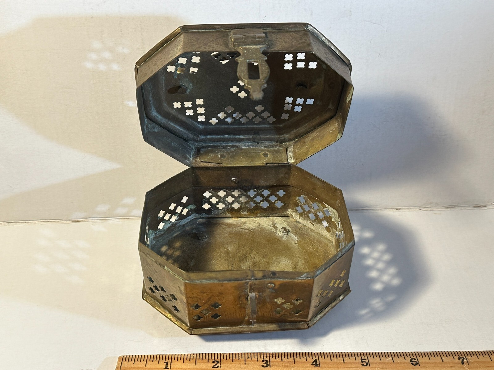 Vintage Brass pierced Cricket Cage. Trinket Box 4.5″ L x 3.25″ W x 3.5″ T
