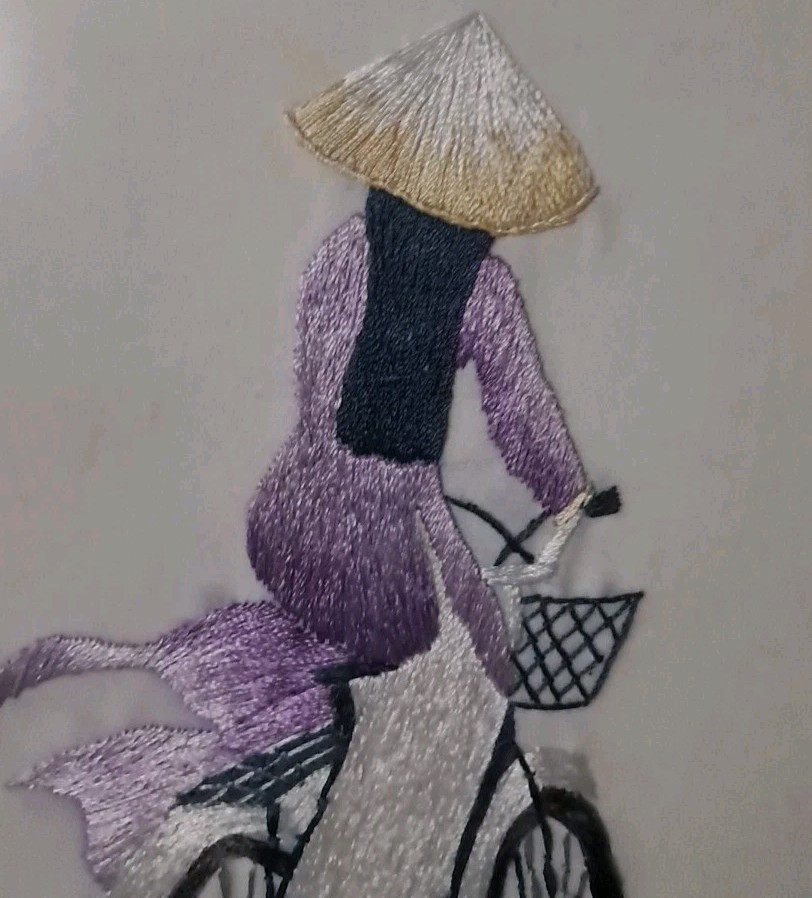 VINTAGE BEAUTIFUL SILK EMBROIDERED ASIAN LADY RIDING BICYCLE 12 X 14.5