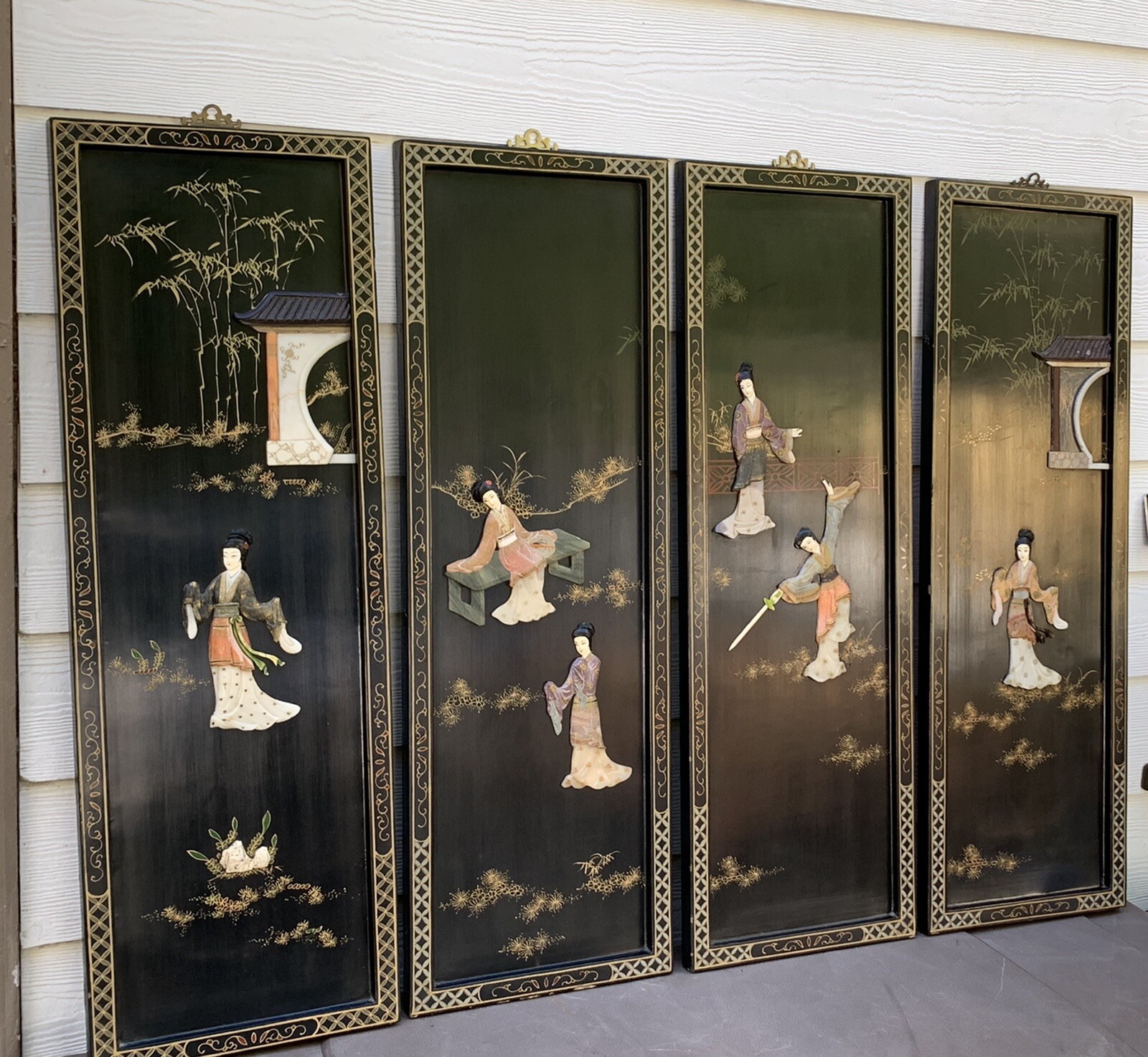 Vintage 1960’s Oriental Chinese Black Lacquer 3D Geisha Girls Wall Plaques