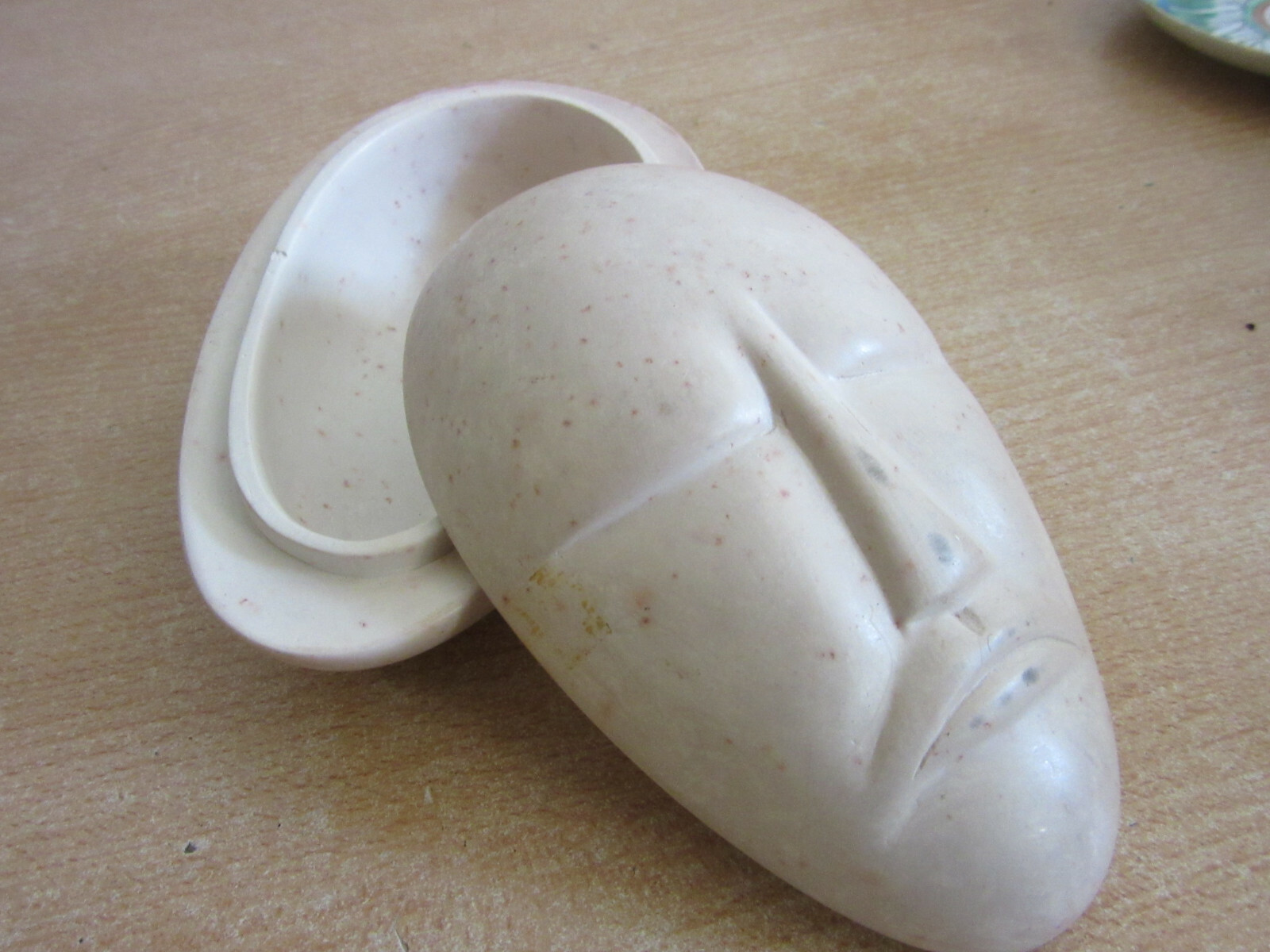 Vintage carved soapstone lidded trinket box Mask / sad face 5.5″