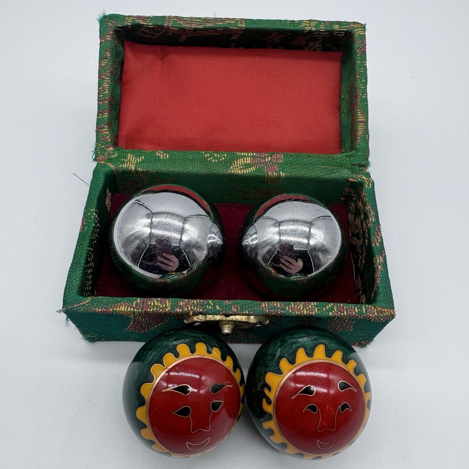 Vintage Chinese Baoding Balls Set Cloisonne Sun Moon Chrome w Case