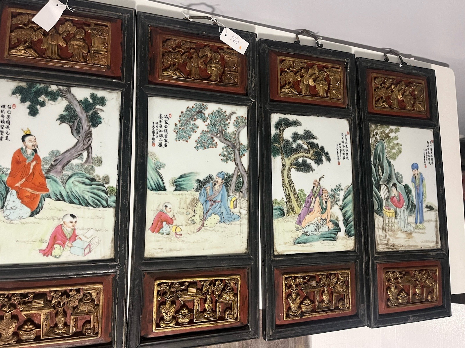 Four Chinese Family Rose Porcelain, Carved And Painted Wood Panel Wall Hangings