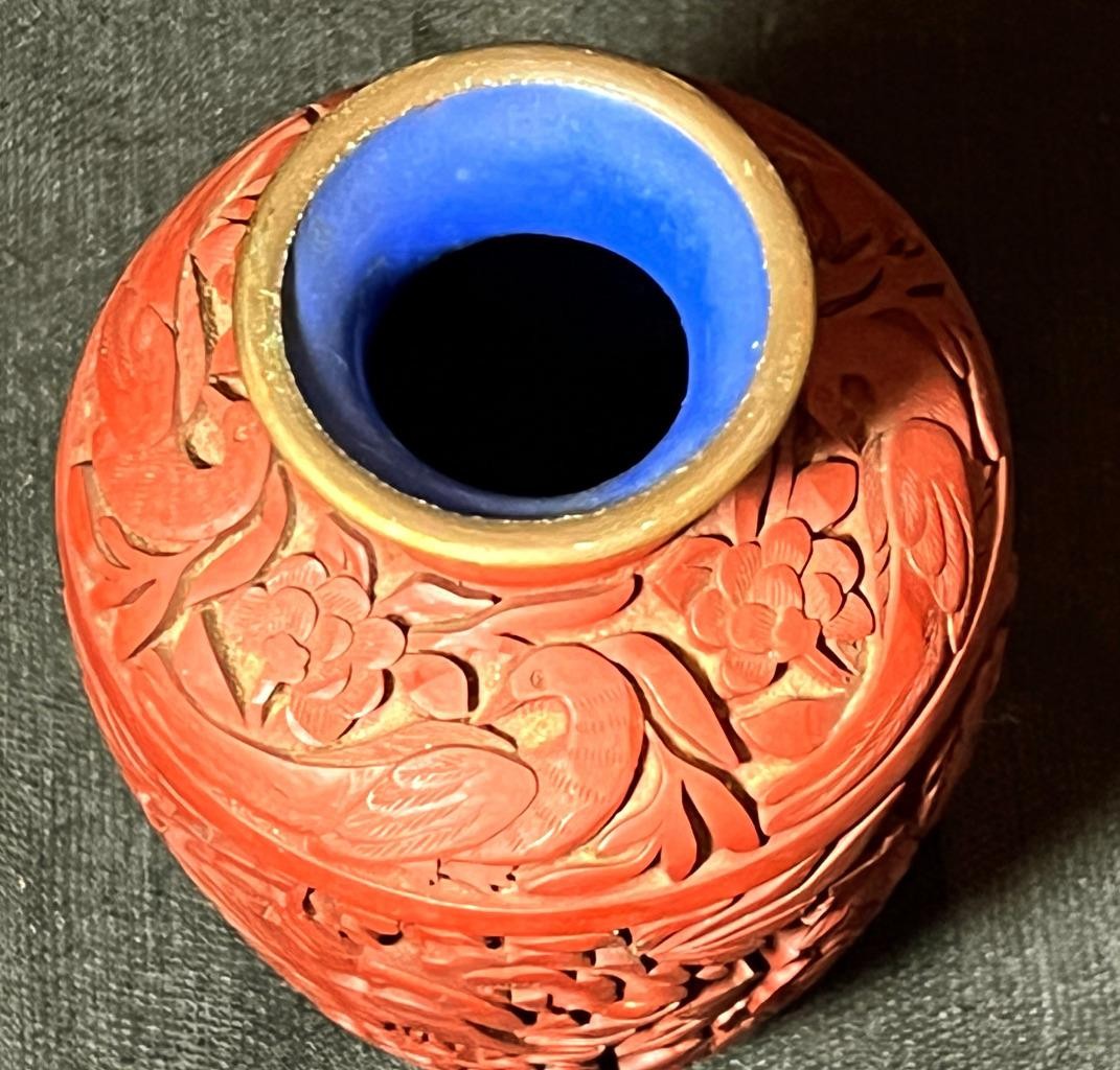 Old Chinese Antique Hand Carved Cinnabar Red Lacquer Vase Urn QING Blue Enamel