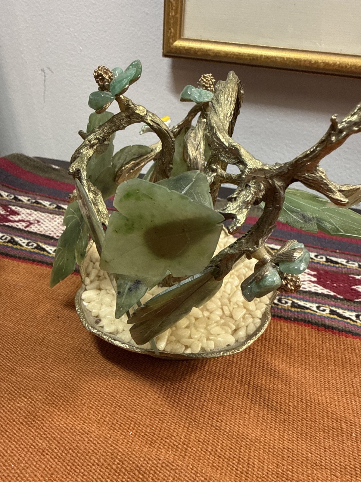 Vintage Glass Bonsai Jade Tree Intricate Multi Colored Flowers in Jade Base
