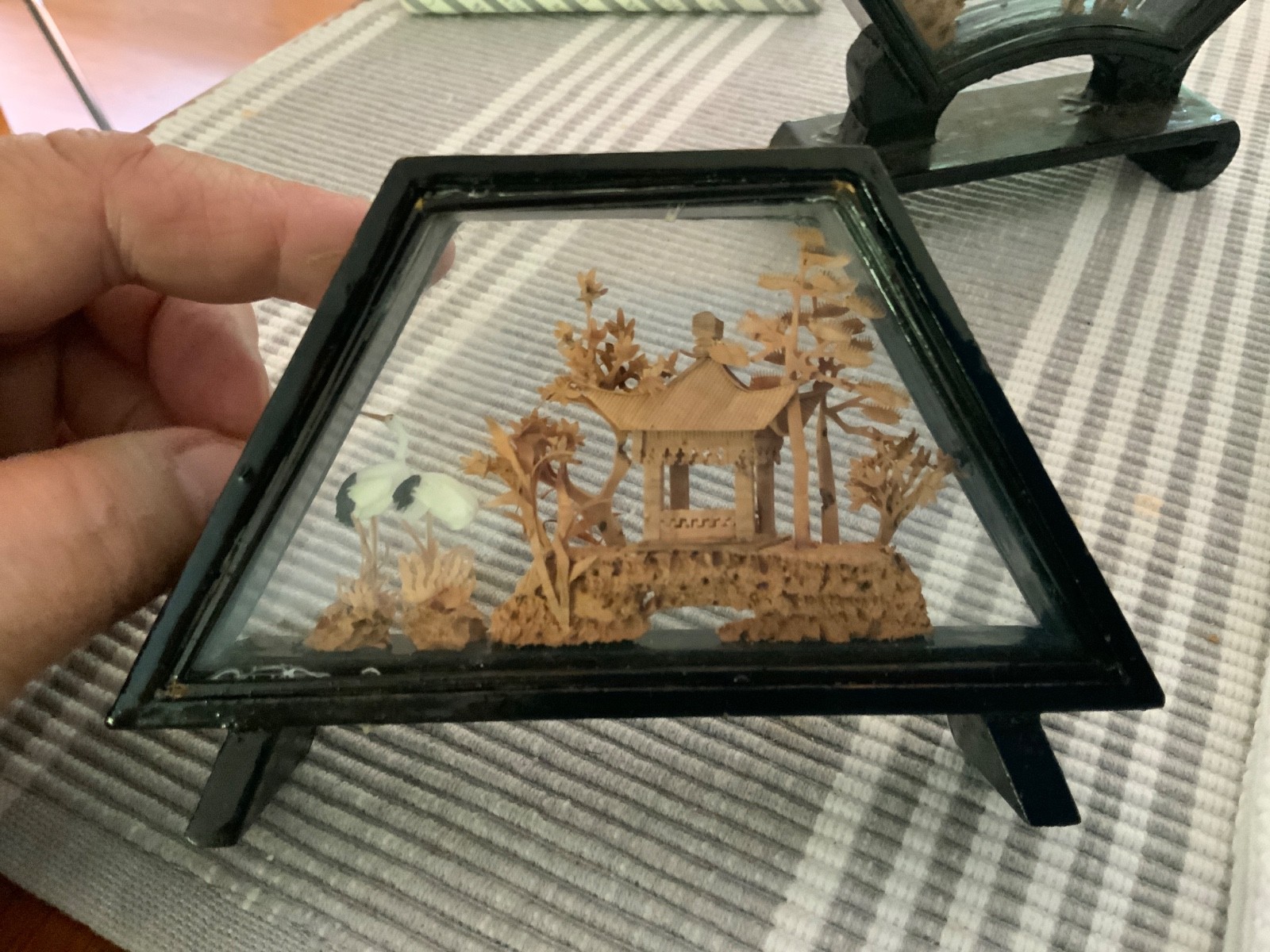 Vtg 2 Cork Dioramas 3D Mini Landscape w/ Cranes Pagoda Lacquered Wood Base
