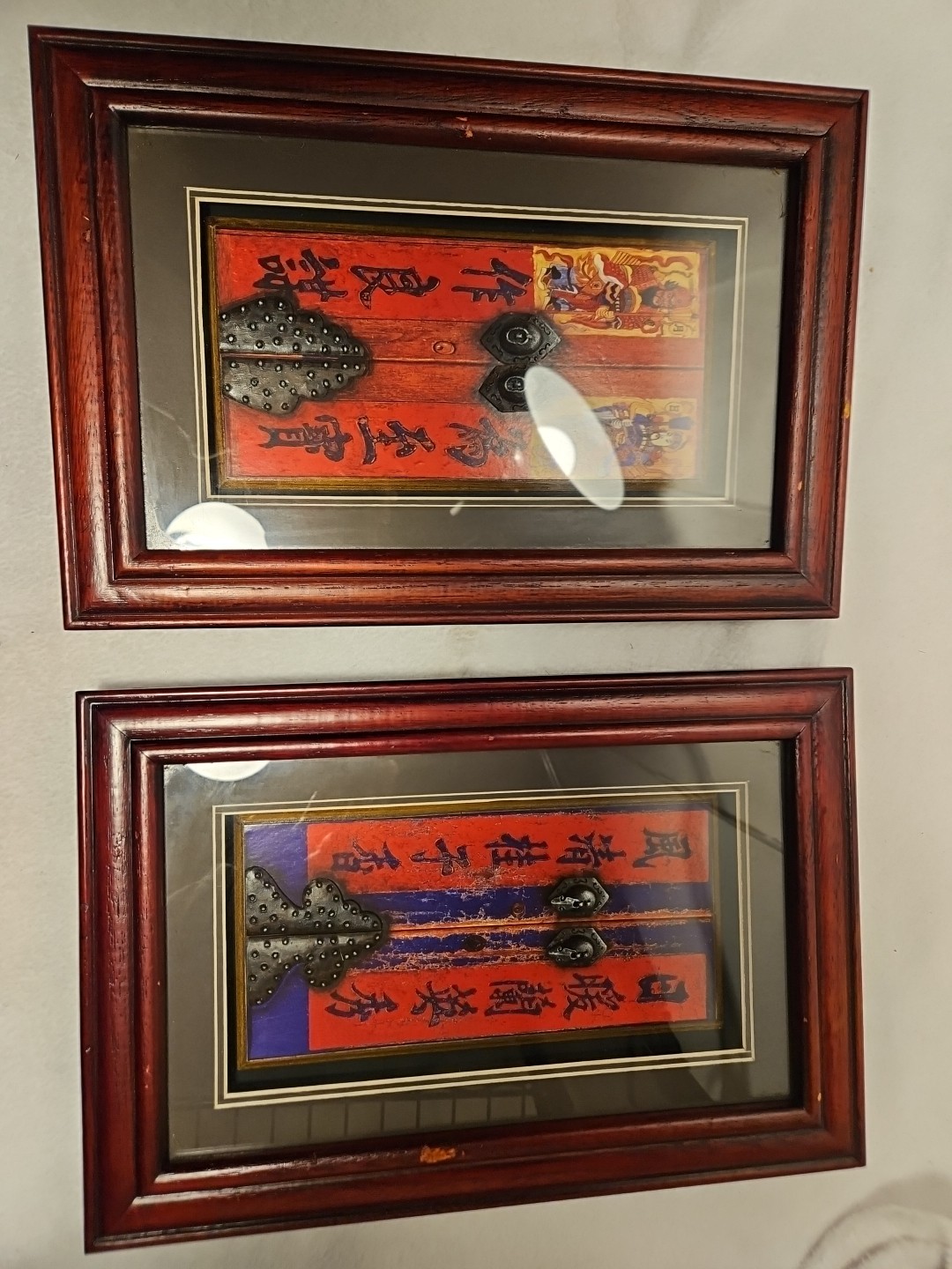 Set Of 2 Vintage Chinese Door Art Diorama 3 D Wood Framed Reds, Purples 8 X 12