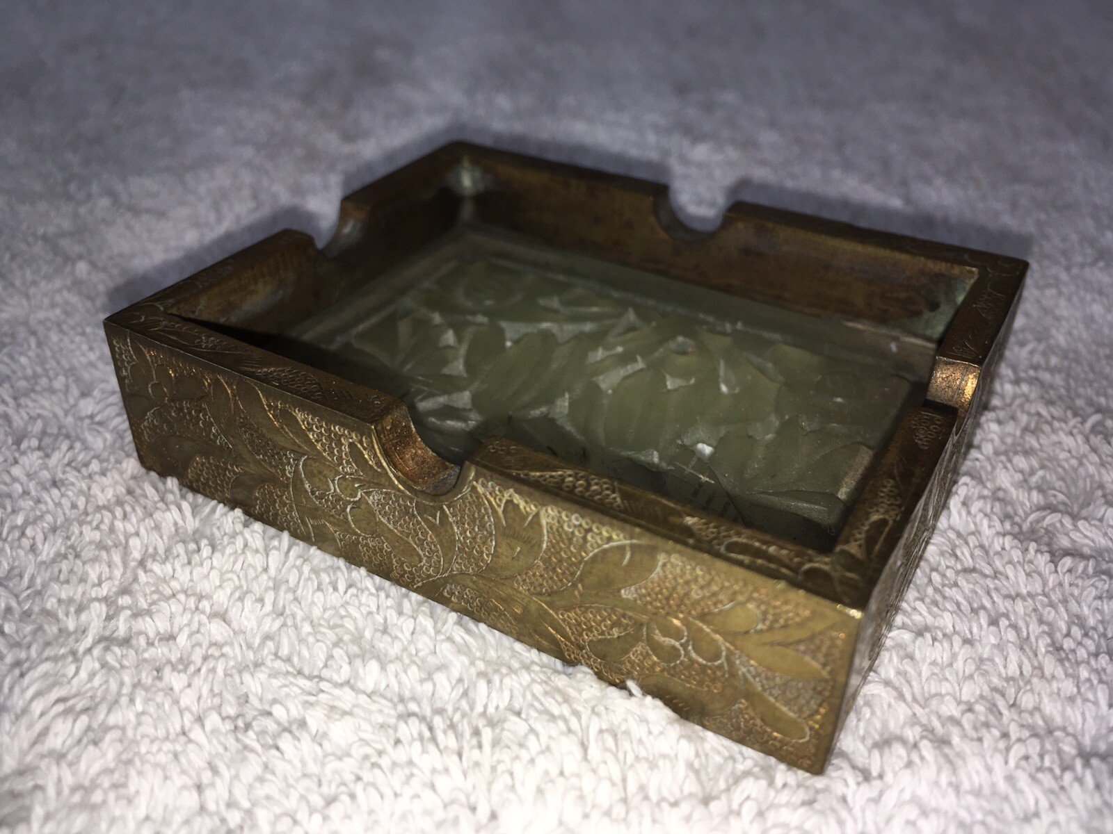 Vintage Chinese Carved Stone & Brass Ash Tray, 3” x 2-3/8” x 3/4” H