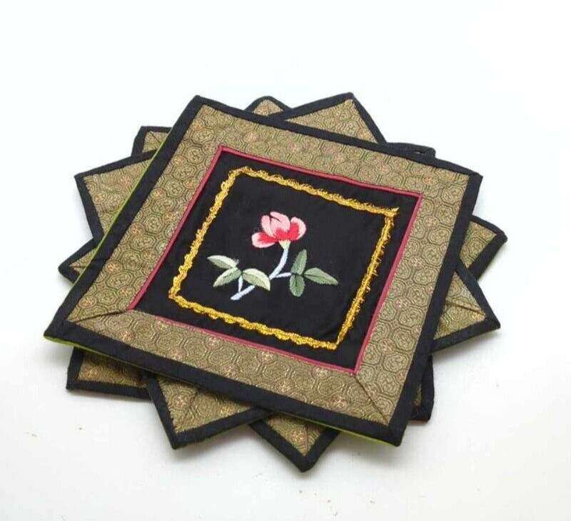 Vintage Chinese Silk Hand Embroidered Flower 5.5″ Unframed Panels Set of 4