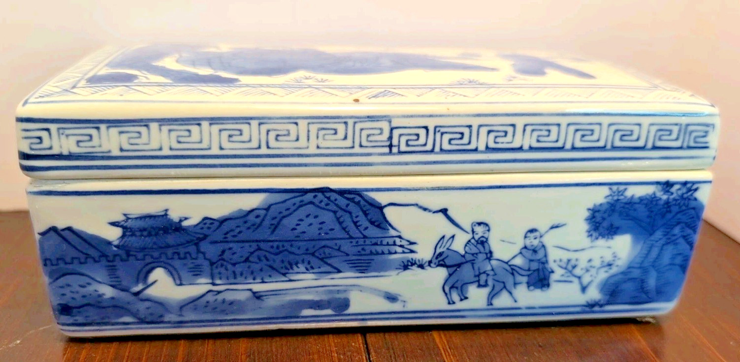 Chinese Blue & White Square Box w/Lid Porcelain Hand Painted Stamped. Qianlong?