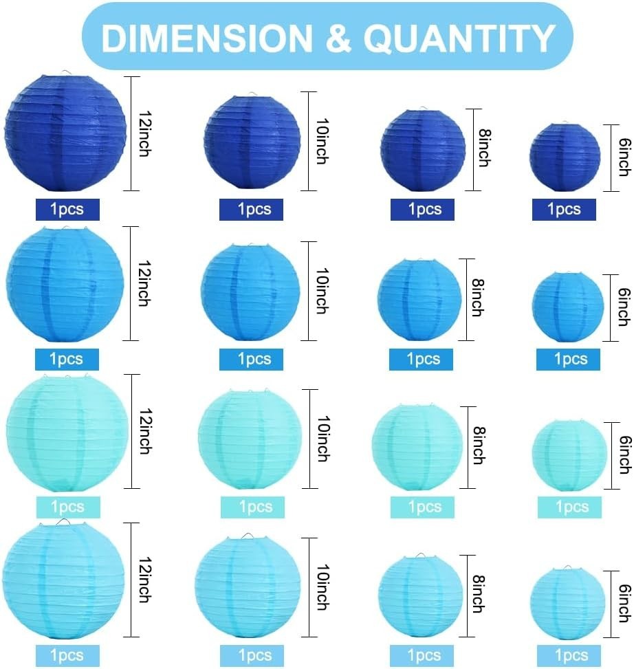 16 Pcs Blue White Round Paper Lanterns Decorative Hanging Asia Chinese Japane…