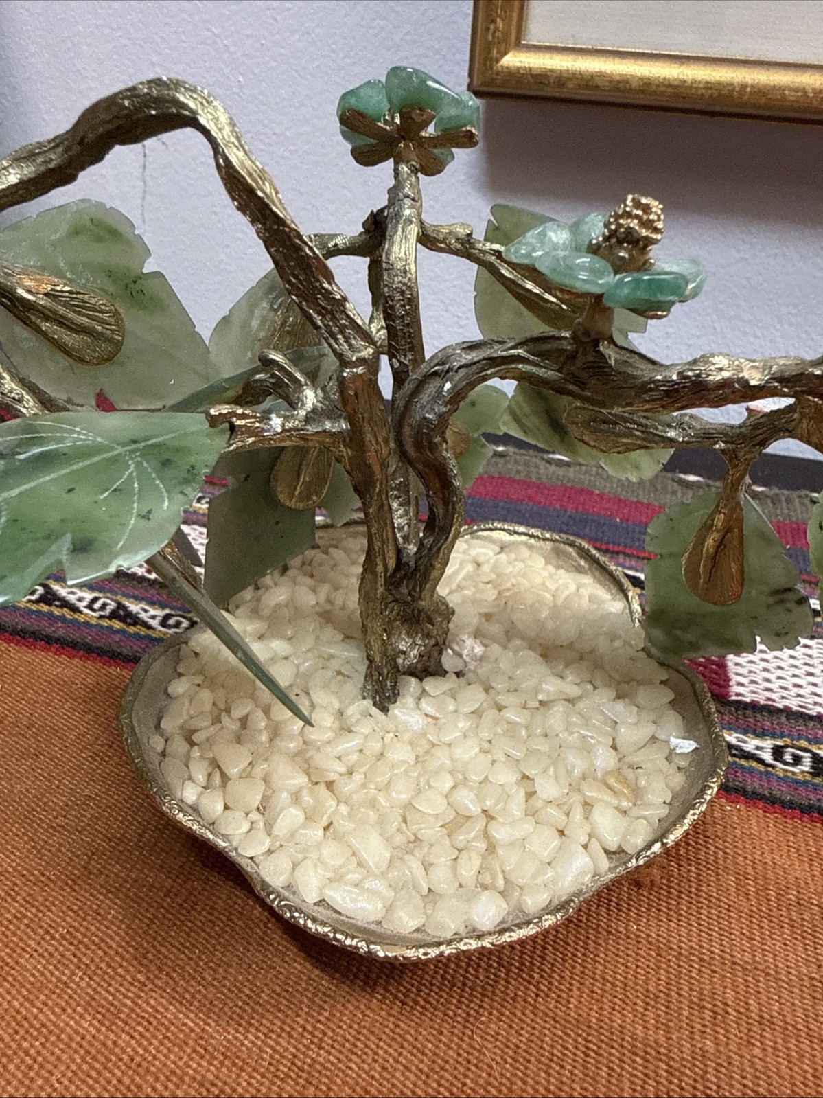 Vintage Glass Bonsai Jade Tree Intricate Multi Colored Flowers in Jade Base