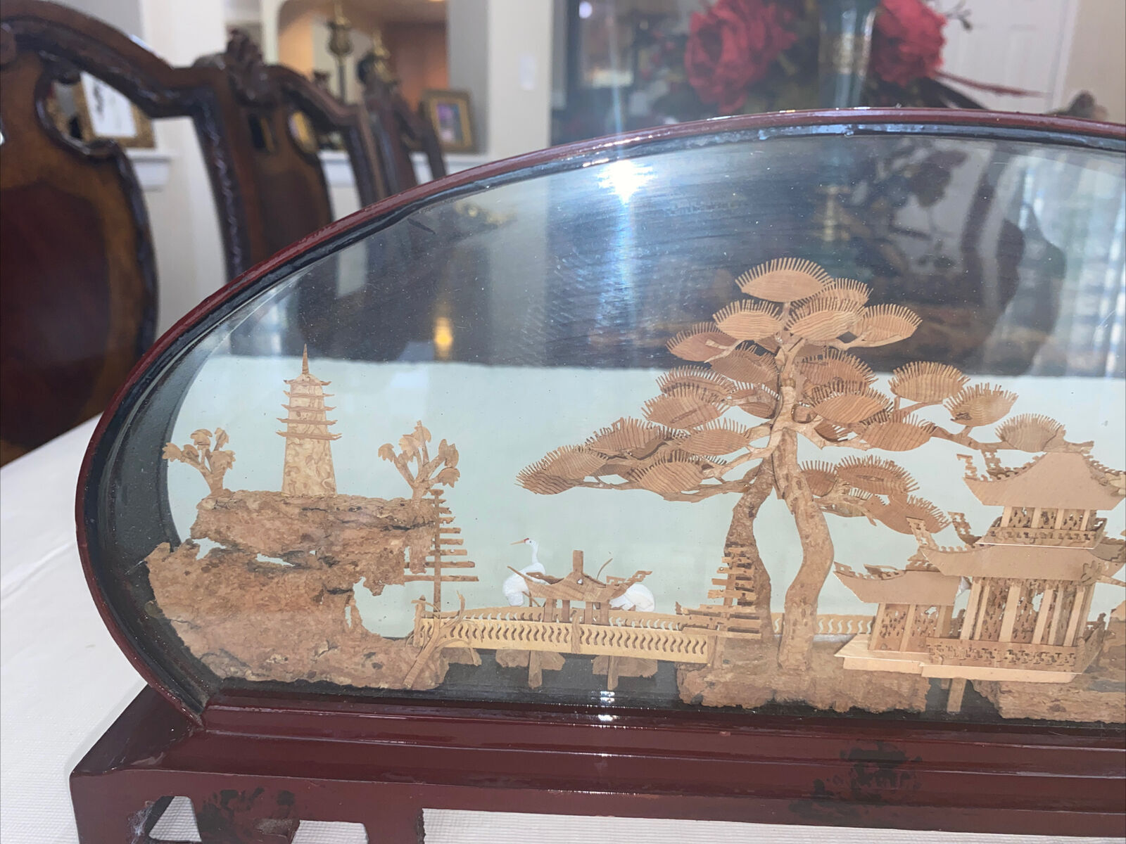 Vintage Large Chinese Cork Art In Glass Box Birds Garden Soothing Scenery 14” L