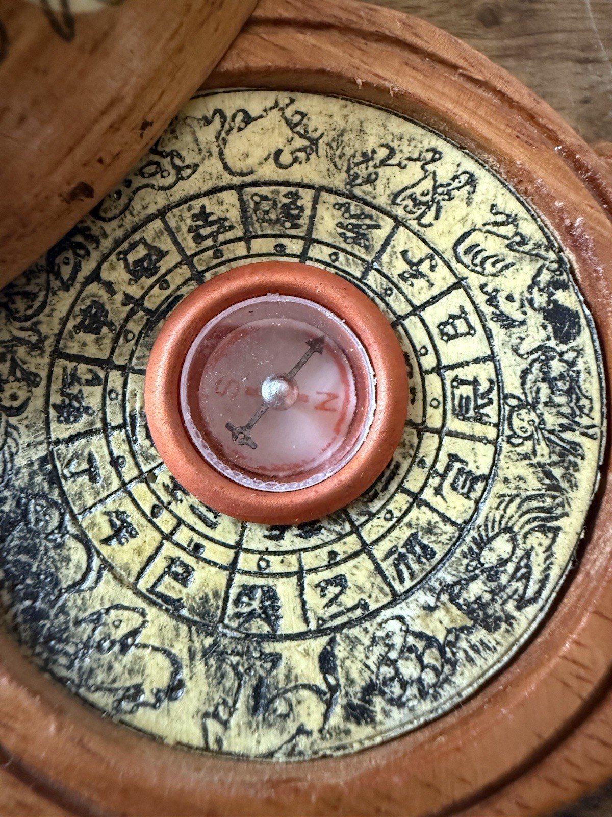 Vtg Asian Carved Wooden Turtle, Opens with Compass and Zodiac Signs