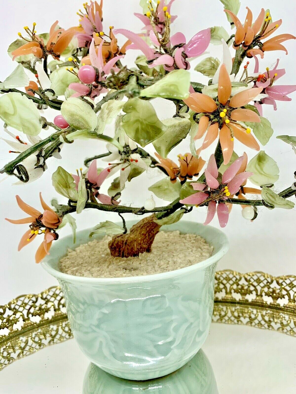 Vintage 11″ Jade Glass Bonsai Tree Japanese Oriental multi-color blooms in a Pot