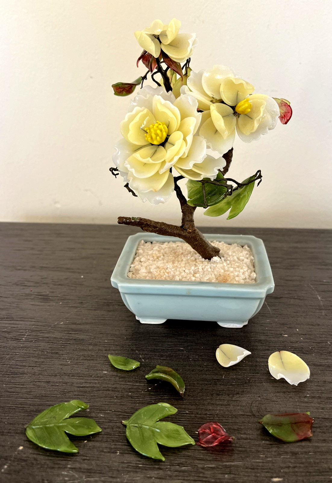 Vintage CHINESE JADE GLASS BONSAI TREE 7″ Damaged CELADON POT Made In Japan
