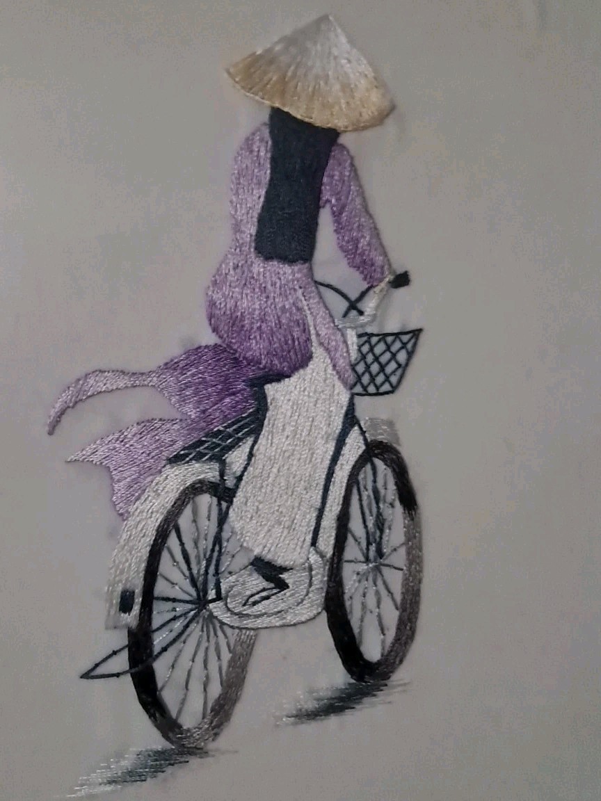 VINTAGE BEAUTIFUL SILK EMBROIDERED ASIAN LADY RIDING BICYCLE 12 X 14.5