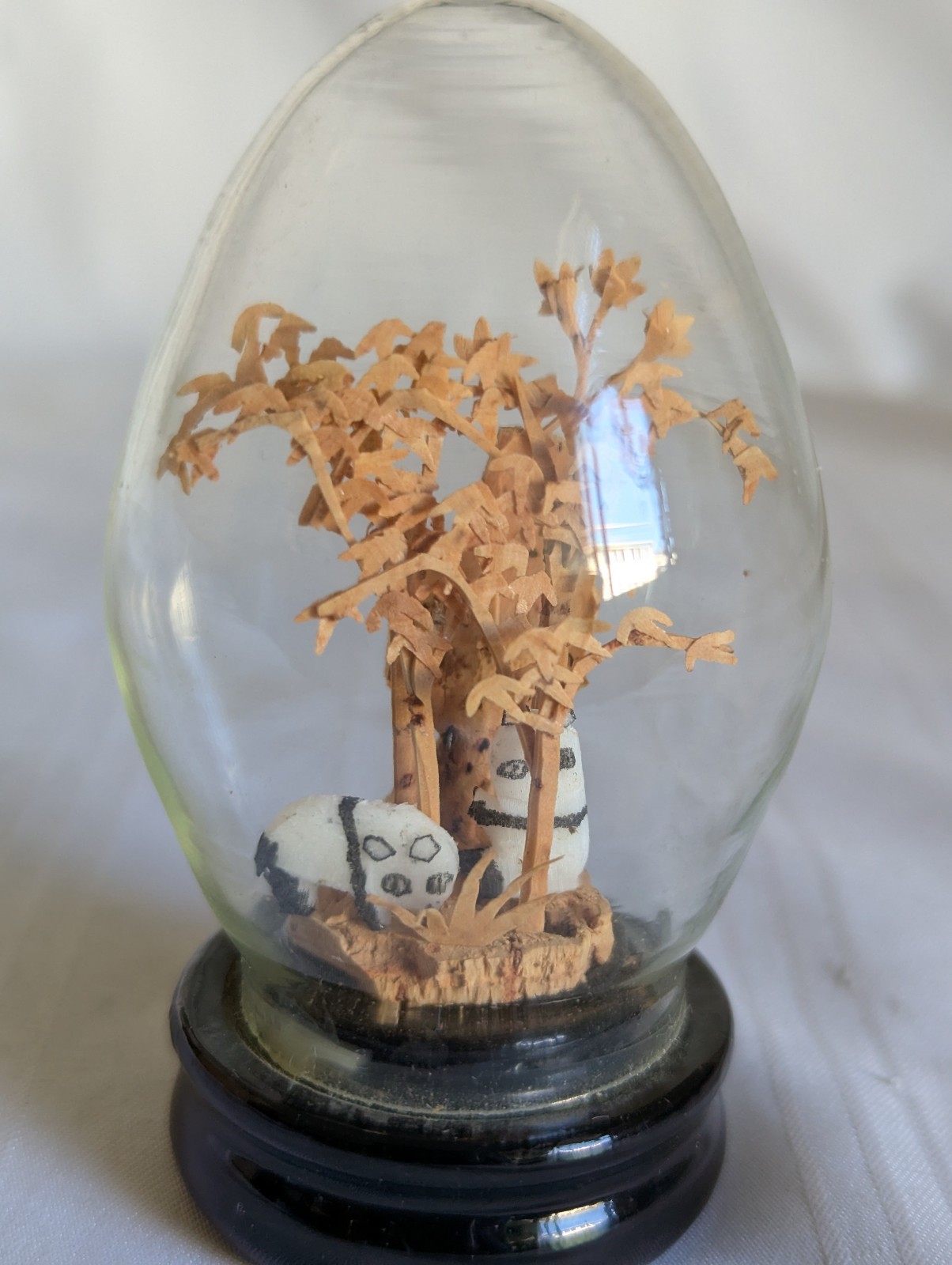 San You carved cork miniature display tree pandas glass 3.25″ tall