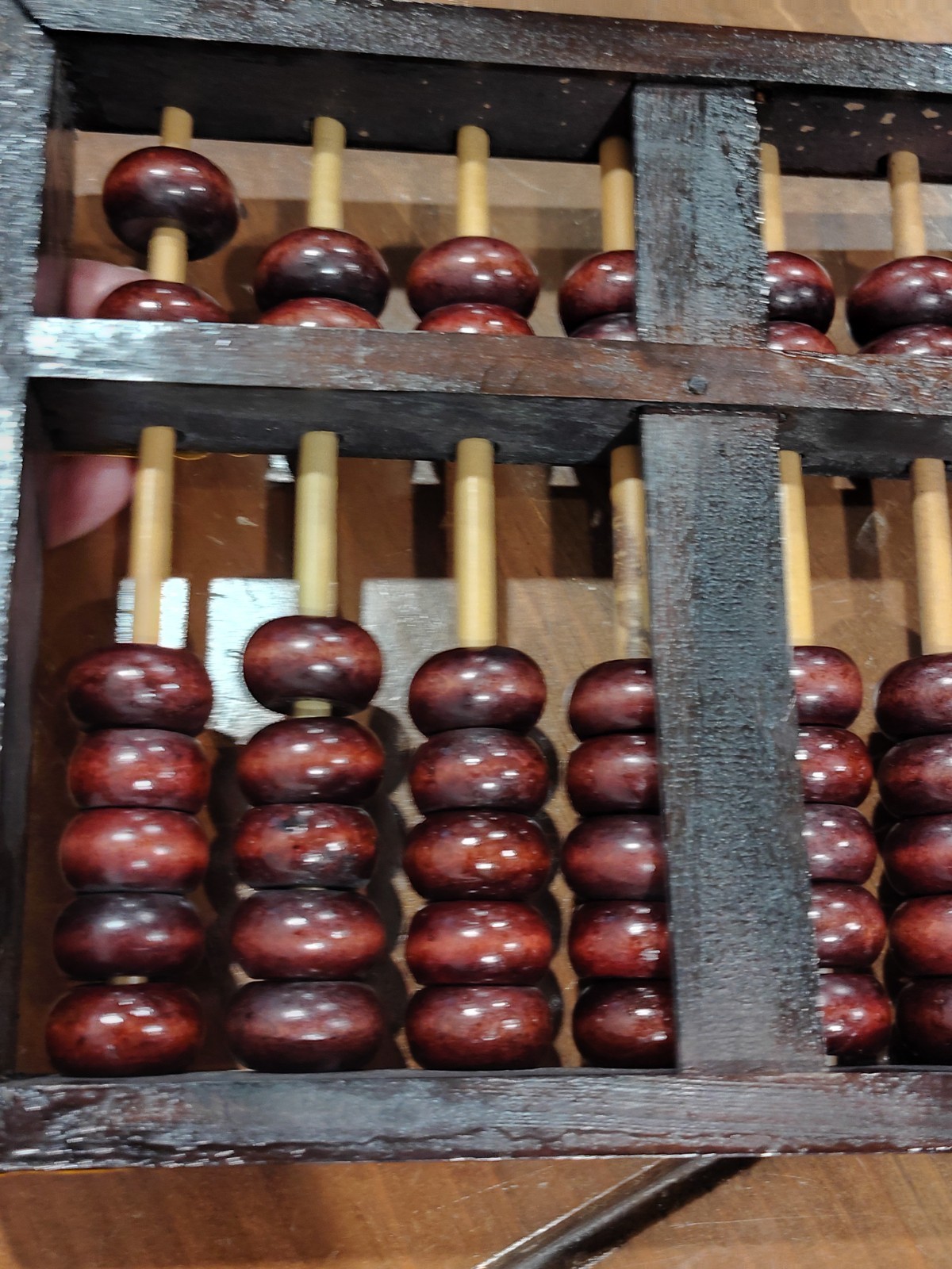 Vintage Chinese Abacus Wood & Brass Lotus Flower Brand Calculator 13 Row 91 Bead