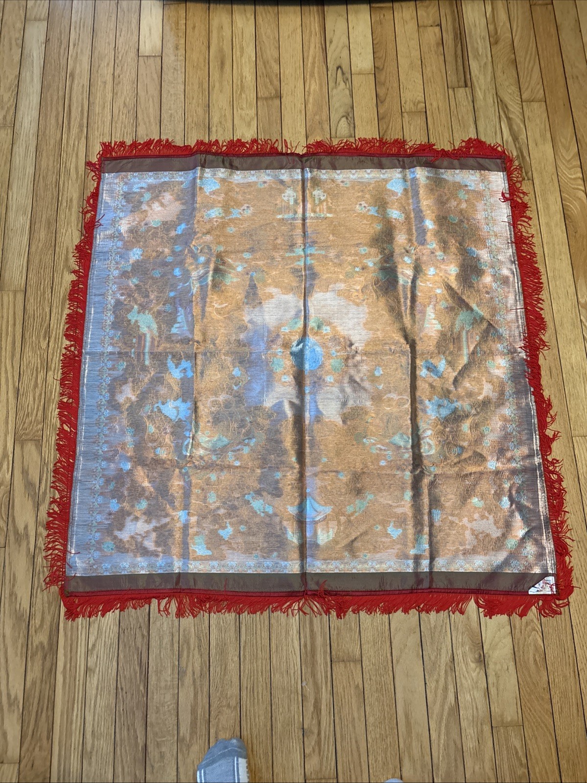 Vintage Chinese Silk Brocade Tablecloth fringe Tapestry Embroidery 38” x 37”